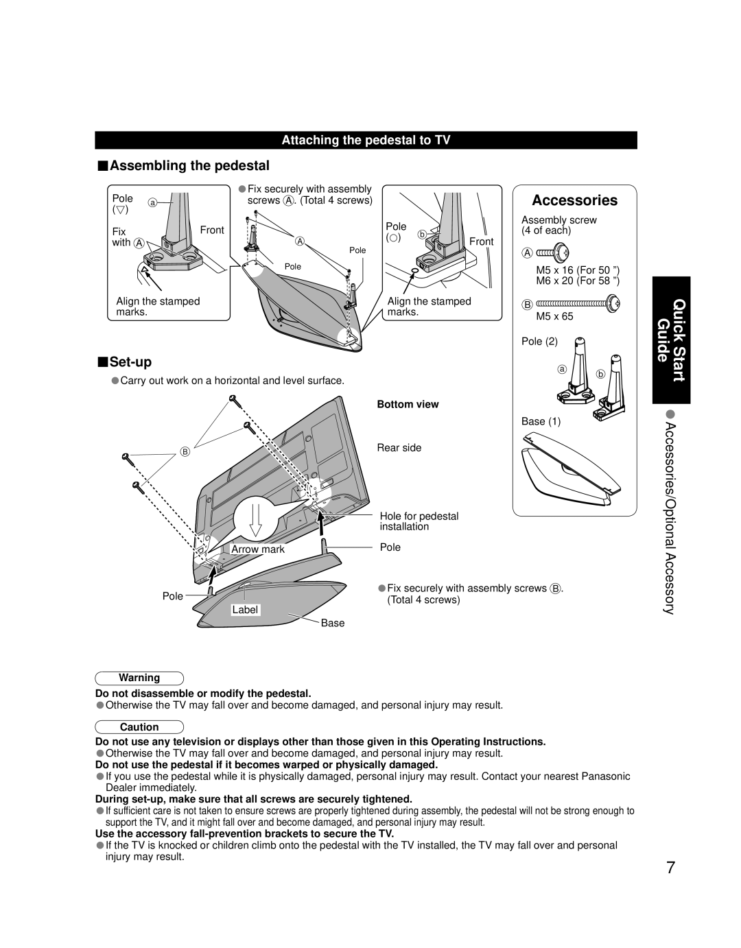 Panasonic TH 50PZ700U, TH 58PZ700U quick start Assembling the pedestal, Set-up, Attaching the pedestal to TV 