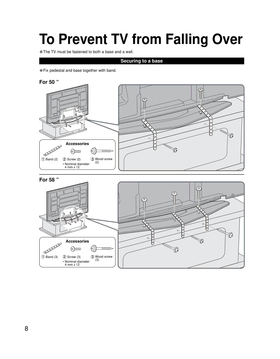 Panasonic TH 58PZ700U, TH 50PZ700U quick start To Prevent TV from Falling Over, For, Securing to a base, Accessories 