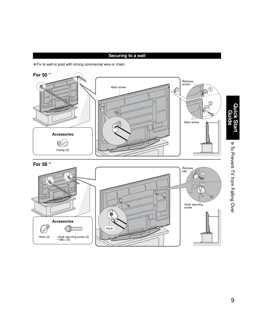 Panasonic TH 50PZ700U, TH 58PZ700U quick start Securing to a wall, Fix to wall or post with strong commercial wire or chain 