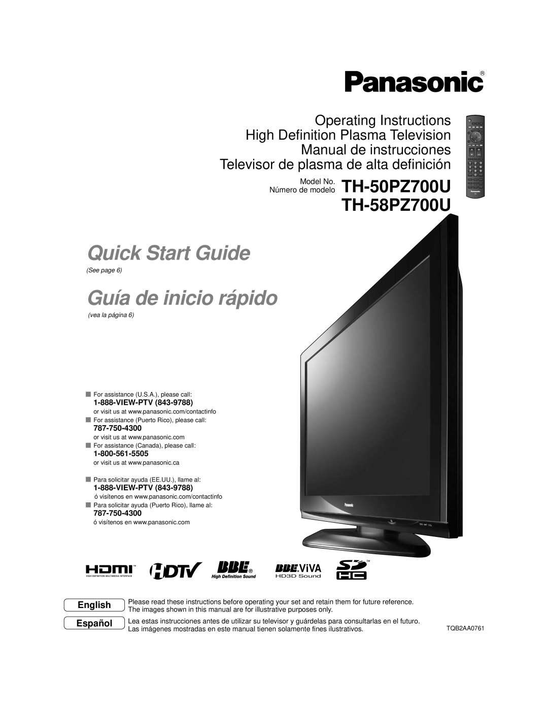 Panasonic TH 50PZ700U, TH 58PZ700U quick start ViVA, English Español, View-Ptv, Quick Start Guide, Guía de inicio rápido 