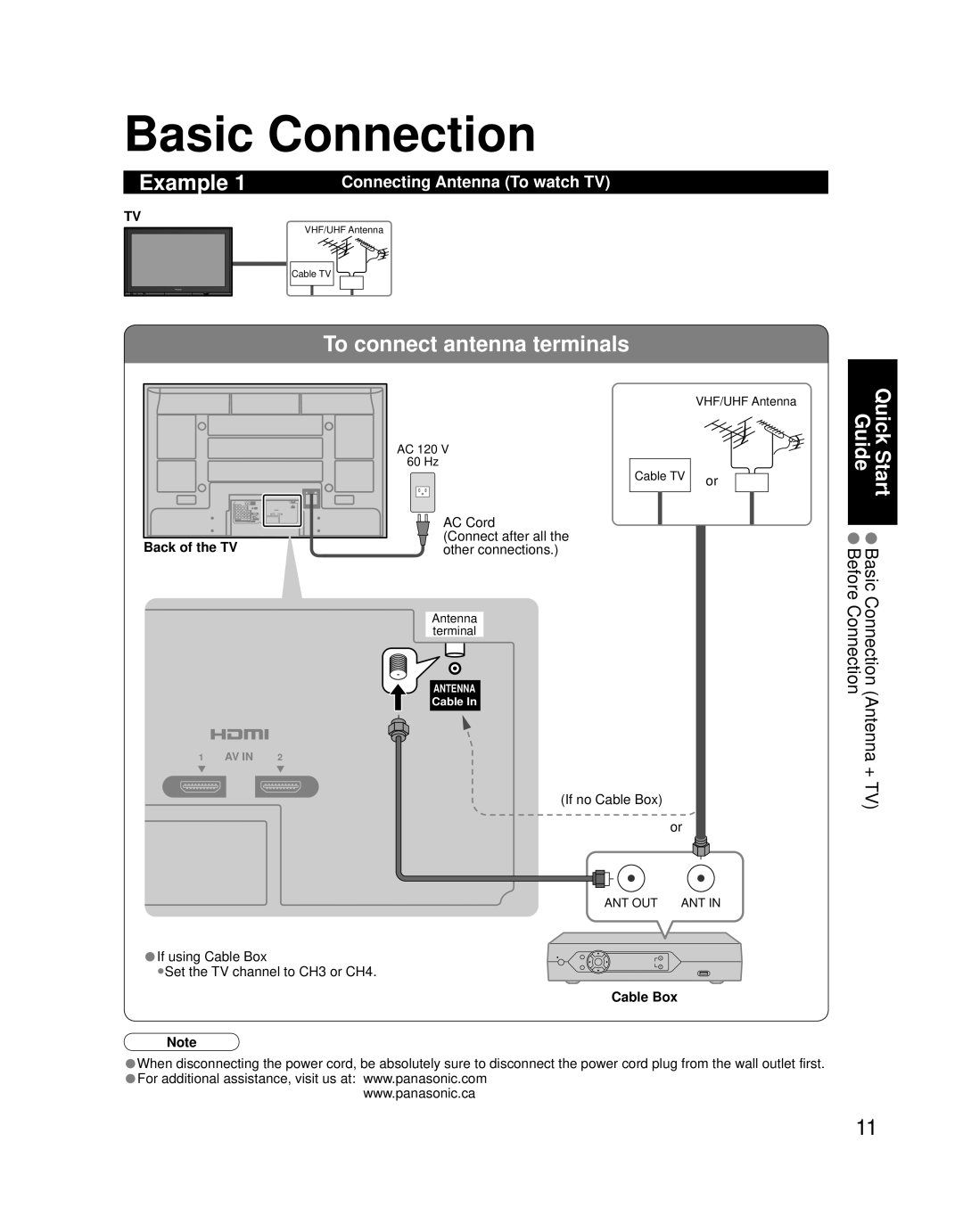 Panasonic TH 50PZ700U Basic Connection, Example, To connect antenna terminals, Connecting Antenna To watch TV, Cable Box 