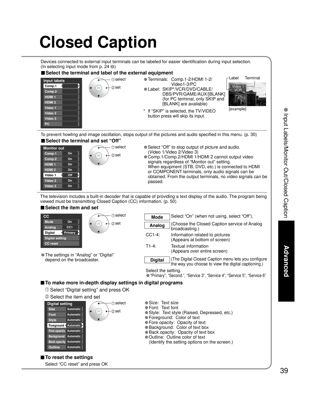 Panasonic TH 50PZ700U Input Labels/Monitor Out/Closed Caption, Select the terminal and label of the external equipment 