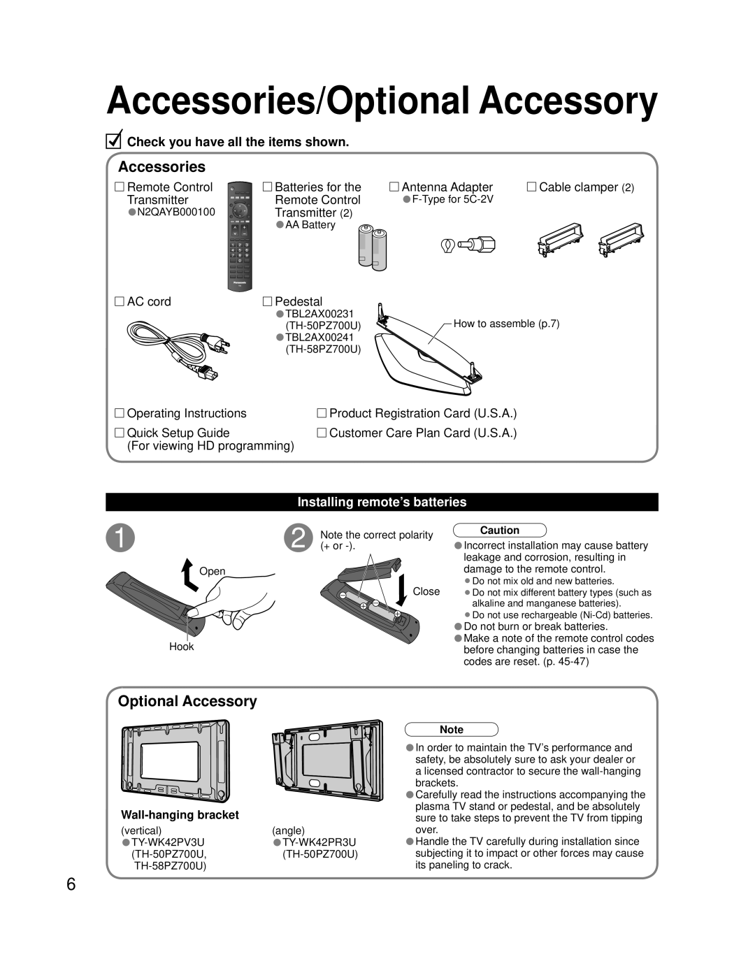 Panasonic TH 58PZ700U Accessories/Optional Accessory, Check you have all the items shown, Installing remote’s batteries 