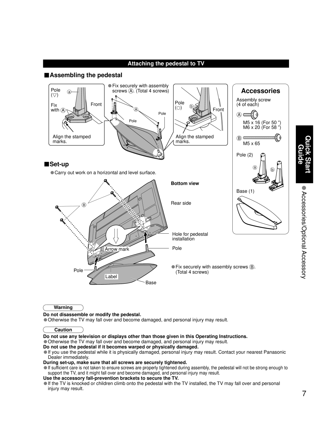 Panasonic TH 50PZ700U Quick Start Guide, Assembling the pedestal, Set-up, Accessories/Optional Accessory, Bottom view 