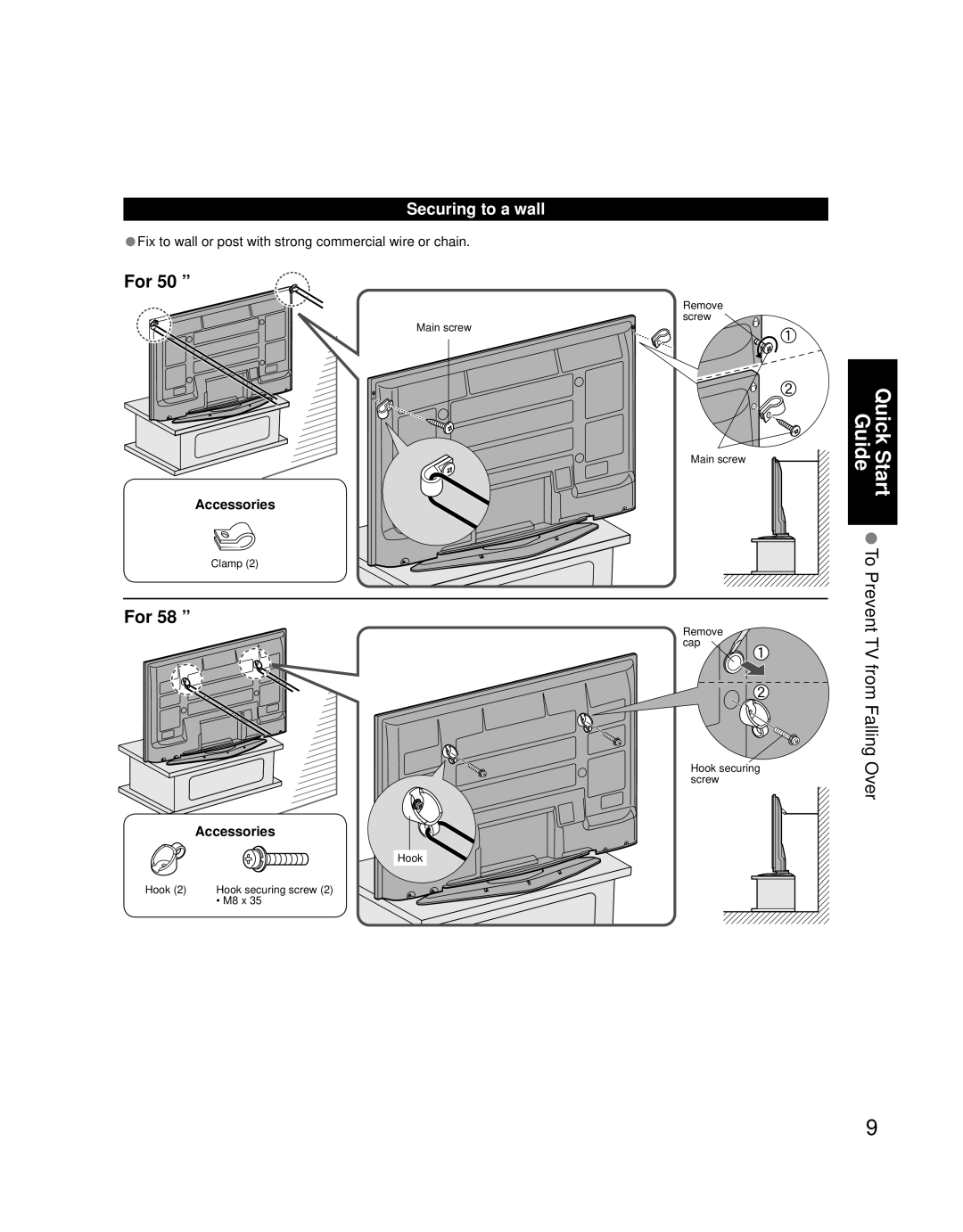 Panasonic TH 50PZ700U Guide To Prevent TV from Falling Over, Securing to a wall, For 50 ”, For 58 ”, Accessories 