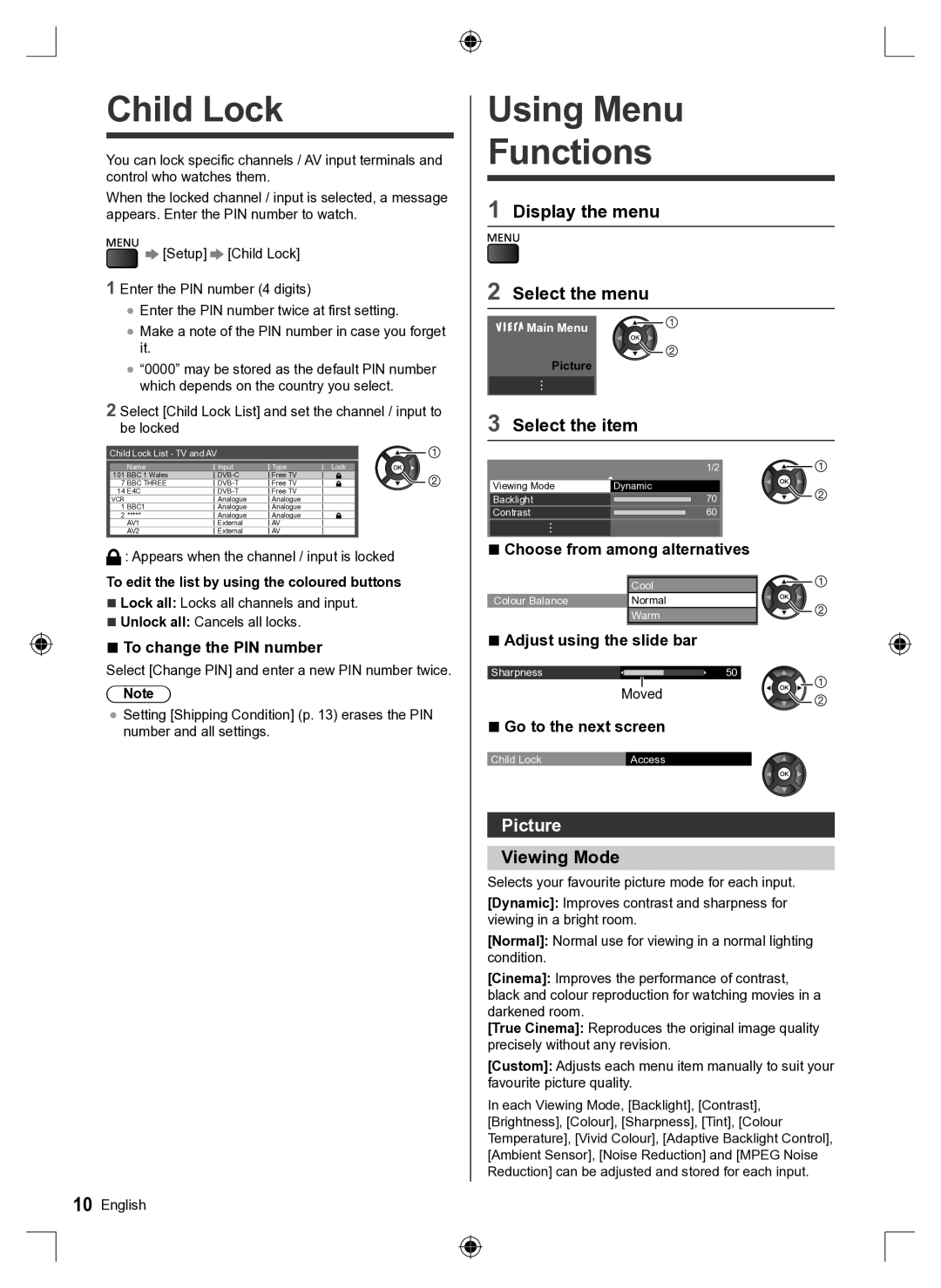 Panasonic TH-60A430K, TH-60A430G, TH-60A430M quick start Child Lock, Using Menu Functions, Picture 