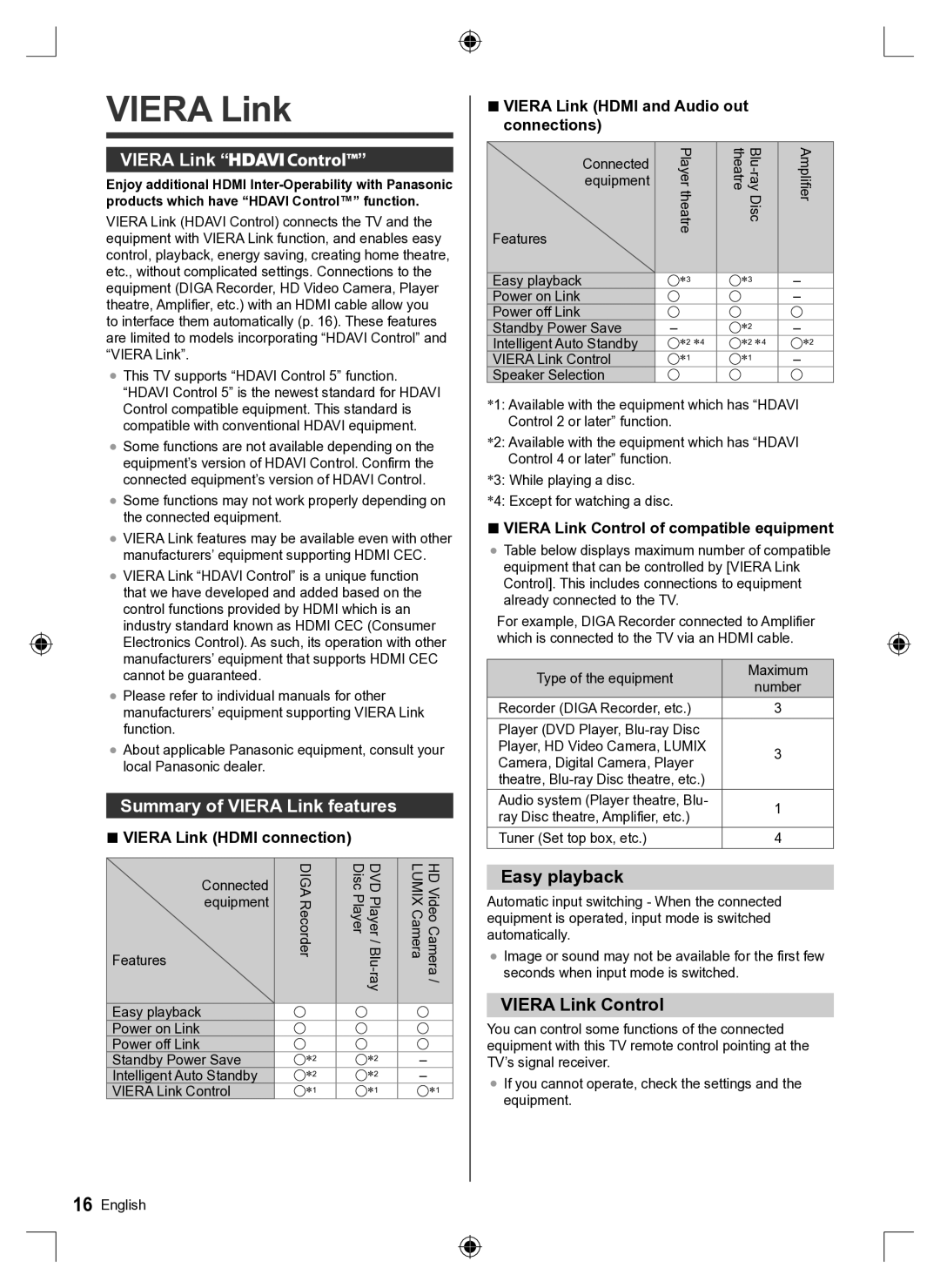 Panasonic TH-60A430K, TH-60A430G, TH-60A430M Summary of Viera Link features, Easy playback, Viera Link Control 