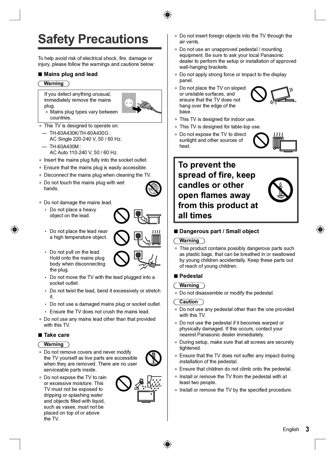 Panasonic TH-60A430G, TH-60A430K, TH-60A430M quick start Safety Precautions, Mains plug and lead, Take care, Pedestal 