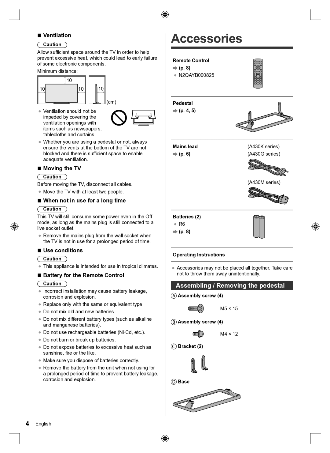 Panasonic TH-60A430K, TH-60A430G, TH-60A430M quick start Accessories, Assembling / Removing the pedestal 