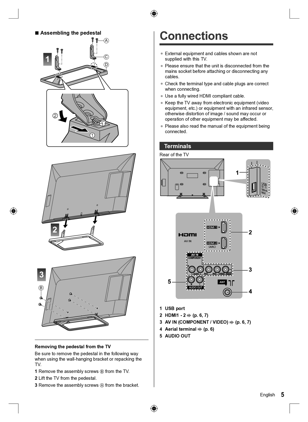 Panasonic TH-60A430M, TH-60A430G Connections, Terminals, Assembling the pedestal, Removing the pedestal from the TV 