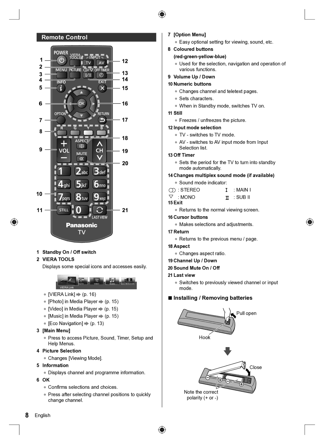 Panasonic TH-60A430M, TH-60A430G, TH-60A430K quick start Remote Control, Installing / Removing batteries 