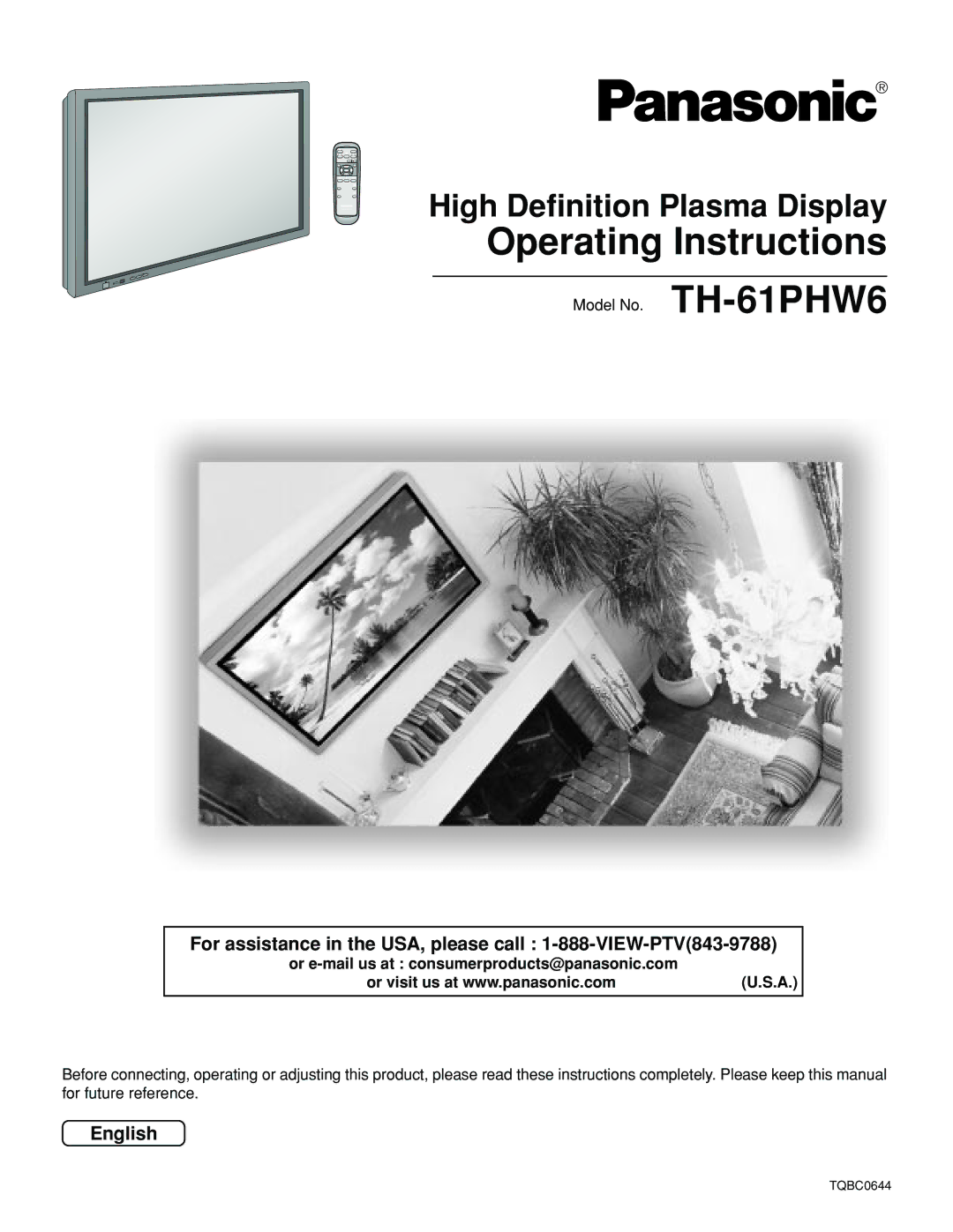 Panasonic TH-61PHW6 manual Operating Instructions, High Definition Plasma Display, English 