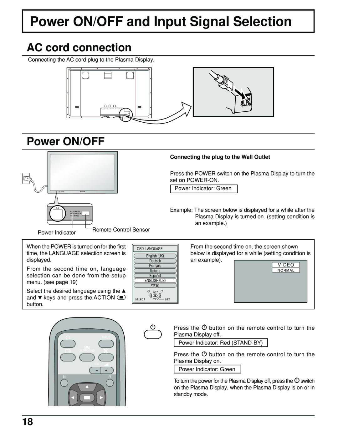 Panasonic TH-61PHW6 Power ON/OFF and Input Signal Selection, AC cord connection, Connecting the plug to the Wall Outlet 