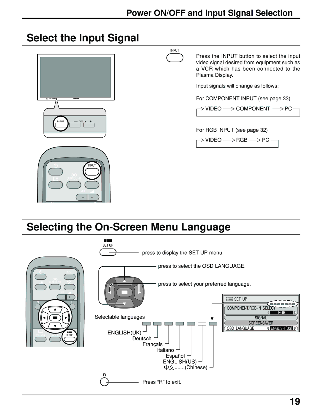 Panasonic TH-61PHW6 manual Select the Input Signal, Selecting the On-Screen Menu Language 