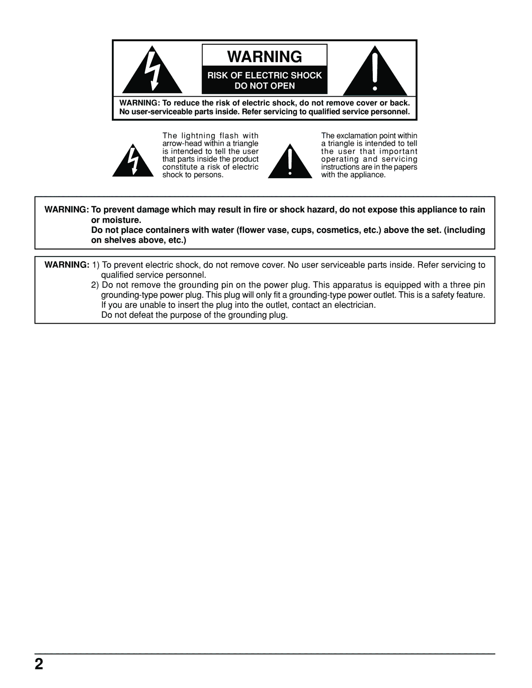 Panasonic TH-61PHW6 manual Risk of Electric Shock Do not Open 