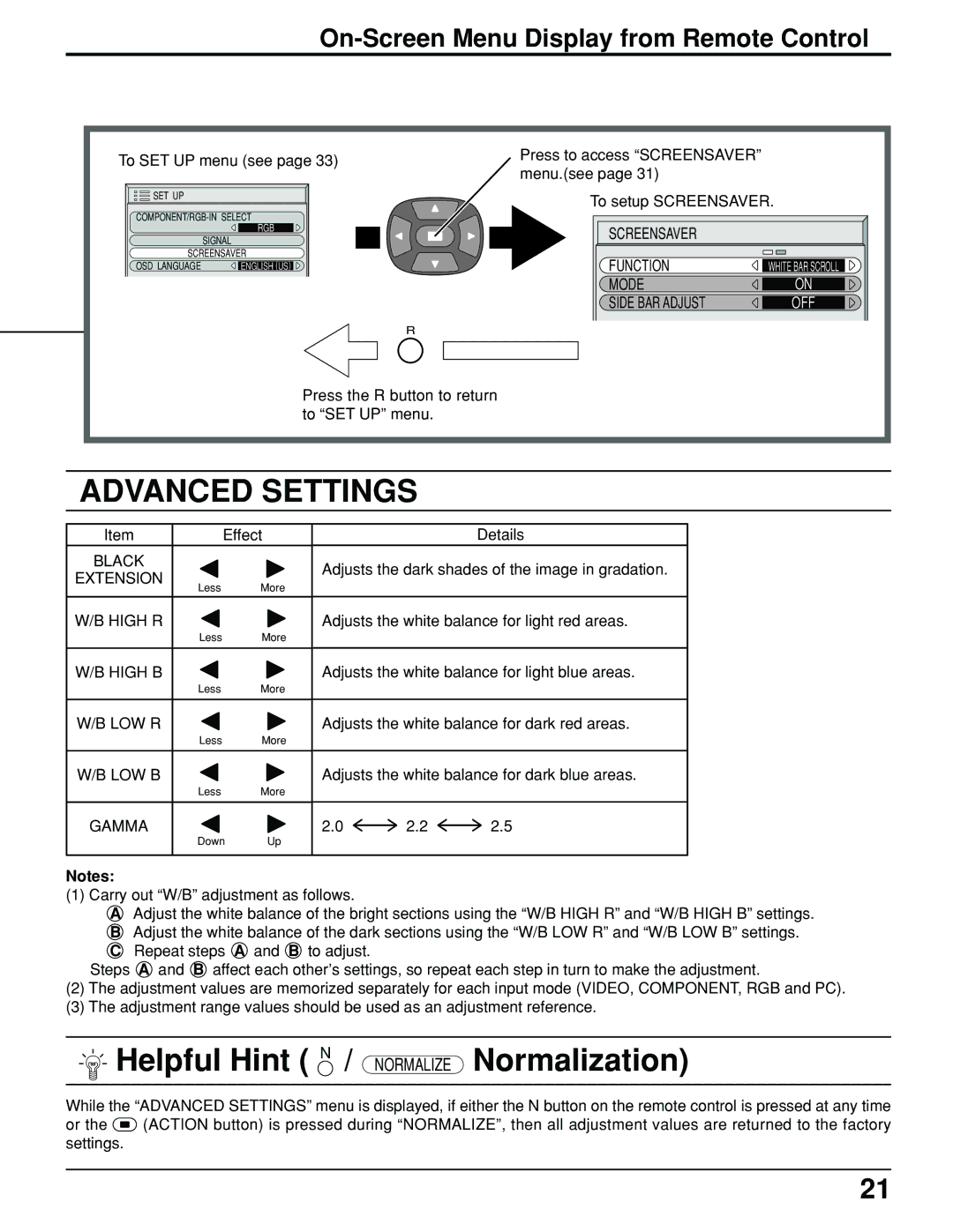 Panasonic TH-61PHW6 manual Helpful Hint N / Normalize Normalization, On-Screen Menu Display from Remote Control 