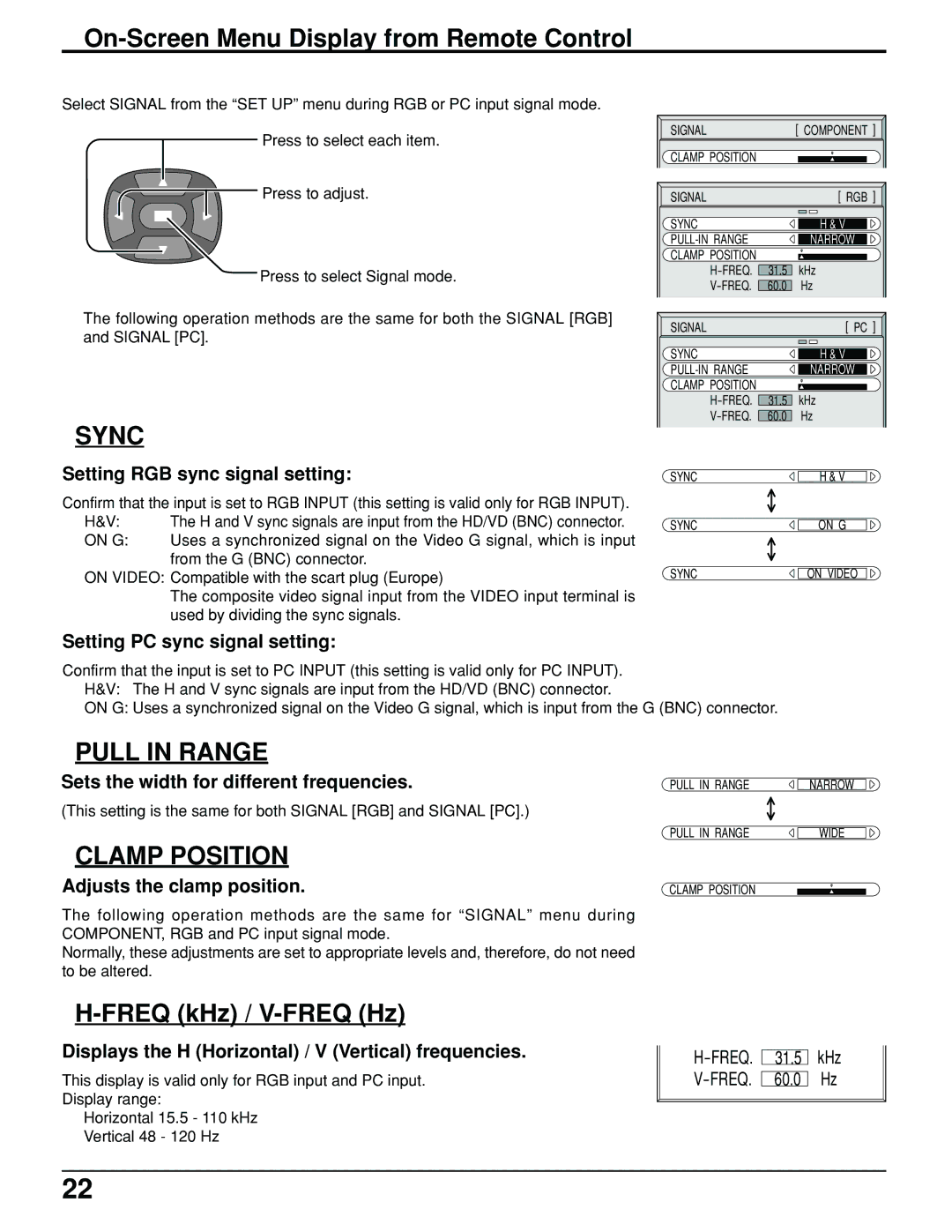 Panasonic TH-61PHW6 manual Freq kHz / V-FREQ Hz 