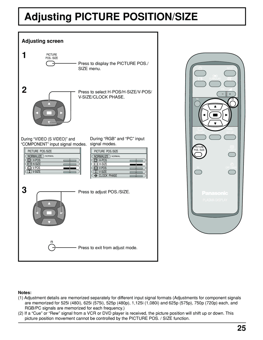 Panasonic TH-61PHW6 manual Adjusting Picture POSITION/SIZE, Adjusting screen, SIZE/CLOCK Phase 