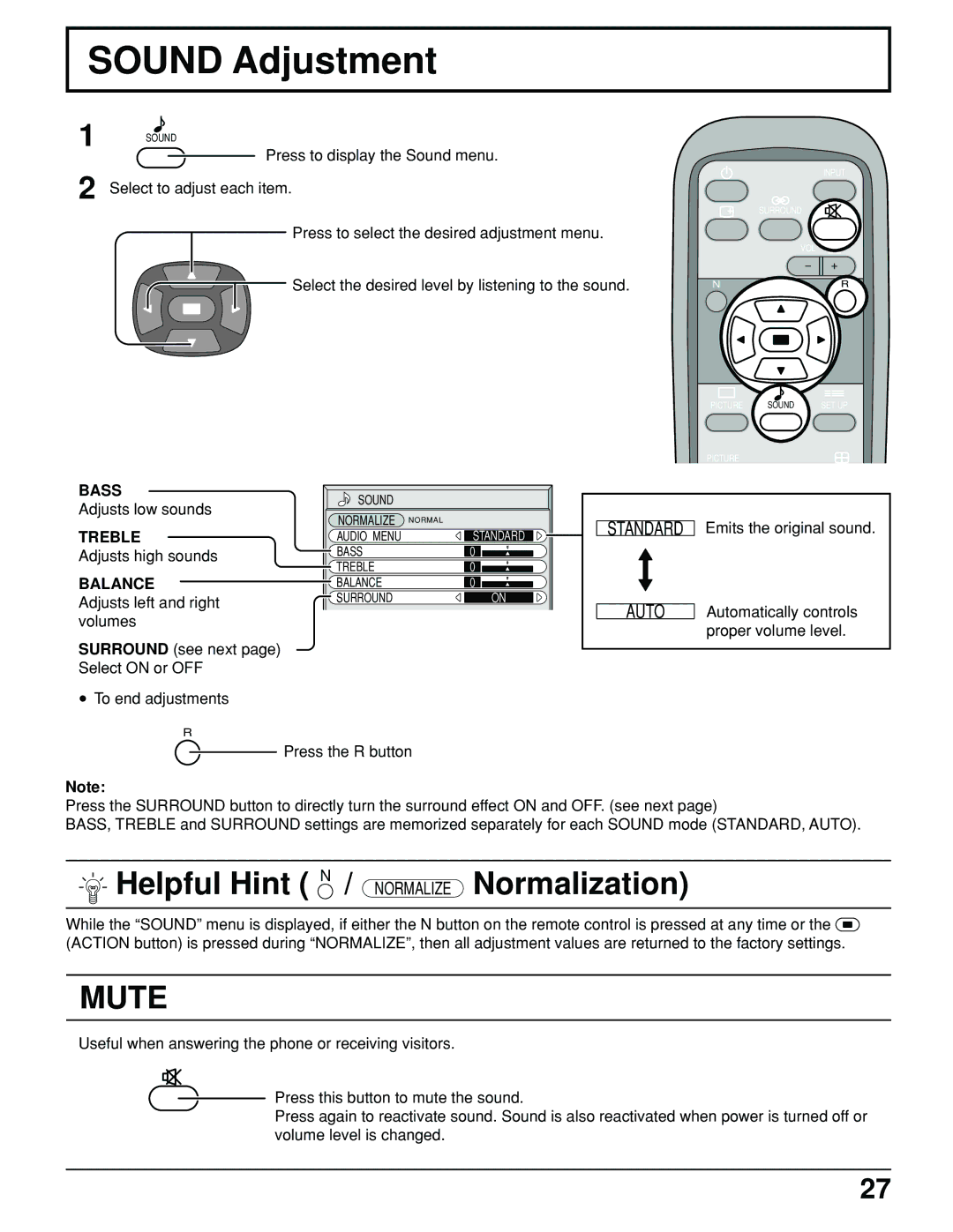 Panasonic TH-61PHW6 manual Sound Adjustment, Bass, Treble, Balance 