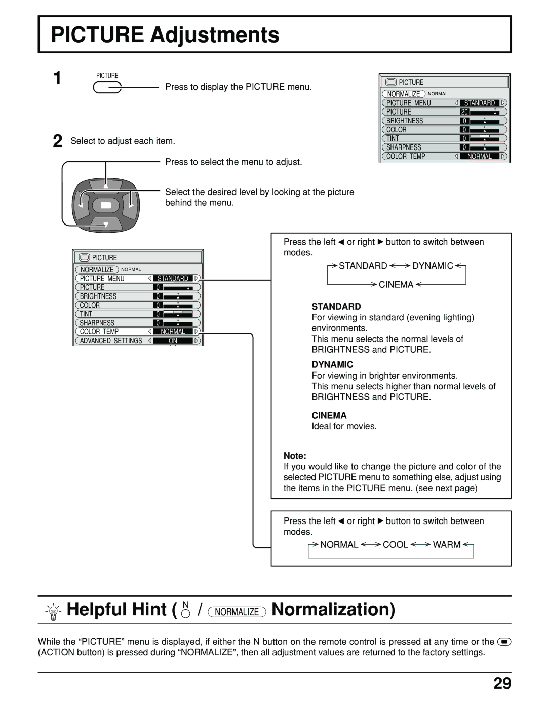 Panasonic TH-61PHW6 manual Picture Adjustments, Standard, Dynamic, Cinema 