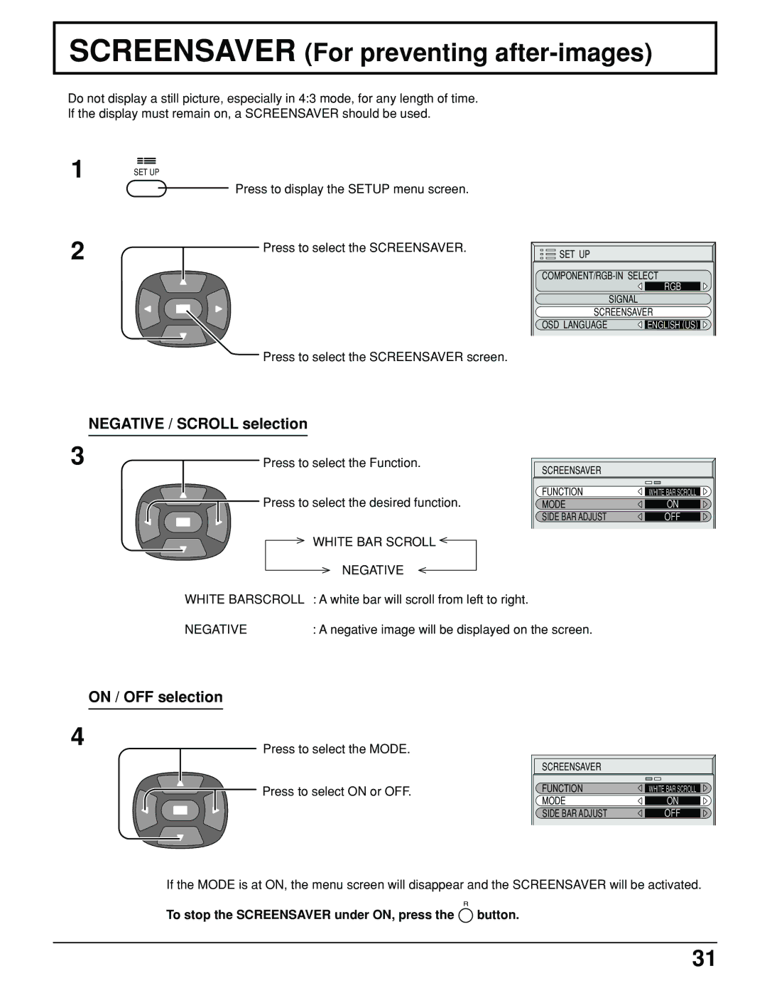 Panasonic TH-61PHW6 manual Screensaver For preventing after-images, Negative / Scroll selection, On / OFF selection 