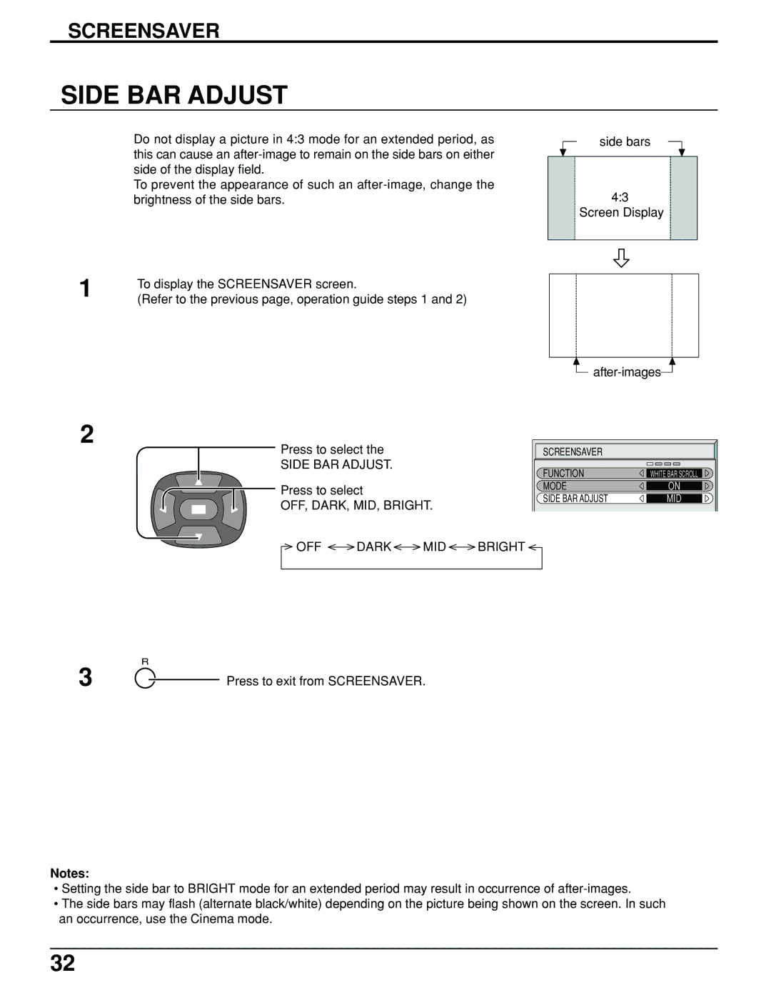 Panasonic TH-61PHW6 manual Side BAR Adjust, OFF, DARK, MID, Bright OFF Dark MID Bright 