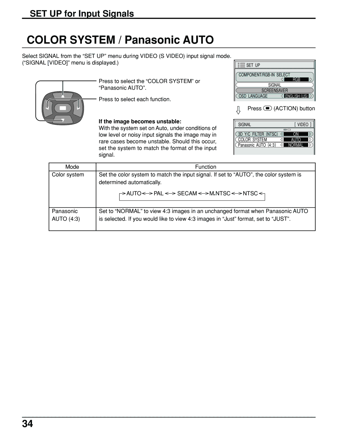 Panasonic TH-61PHW6 manual Color System / Panasonic Auto, SET UP for Input Signals, If the image becomes unstable 