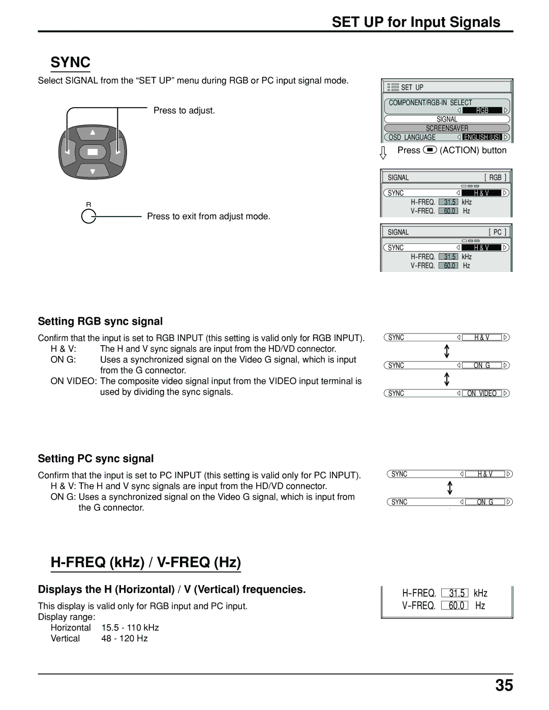 Panasonic TH-61PHW6 manual Setting RGB sync signal, Setting PC sync signal, On G 