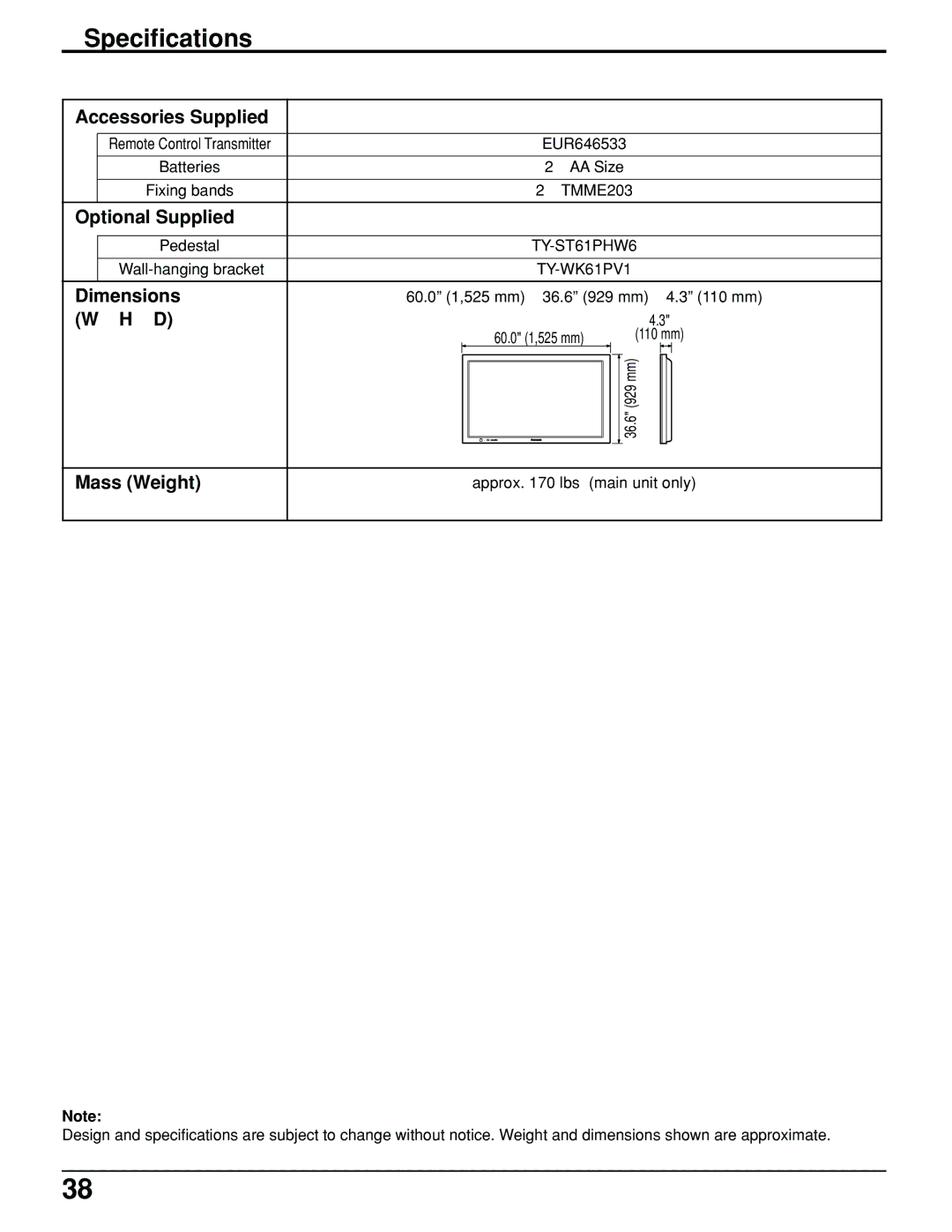 Panasonic TH-61PHW6 manual Specifications 