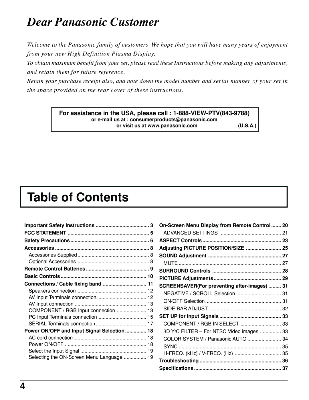 Panasonic TH-61PHW6 manual Table of Contents 