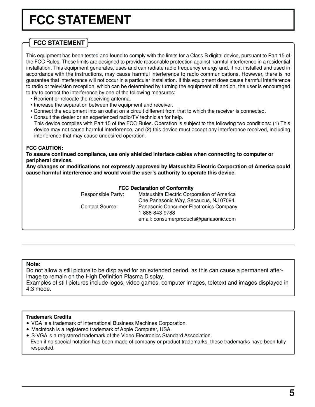 Panasonic TH-61PHW6 manual FCC Caution, Trademark Credits 