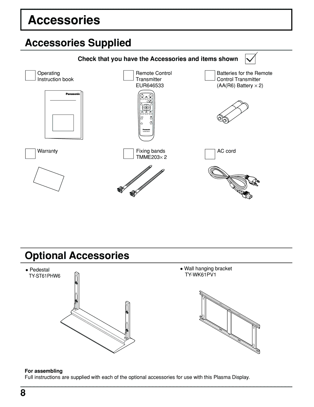 Panasonic TH-61PHW6 Accessories Supplied, Optional Accessories, Check that you have the Accessories and items shown 