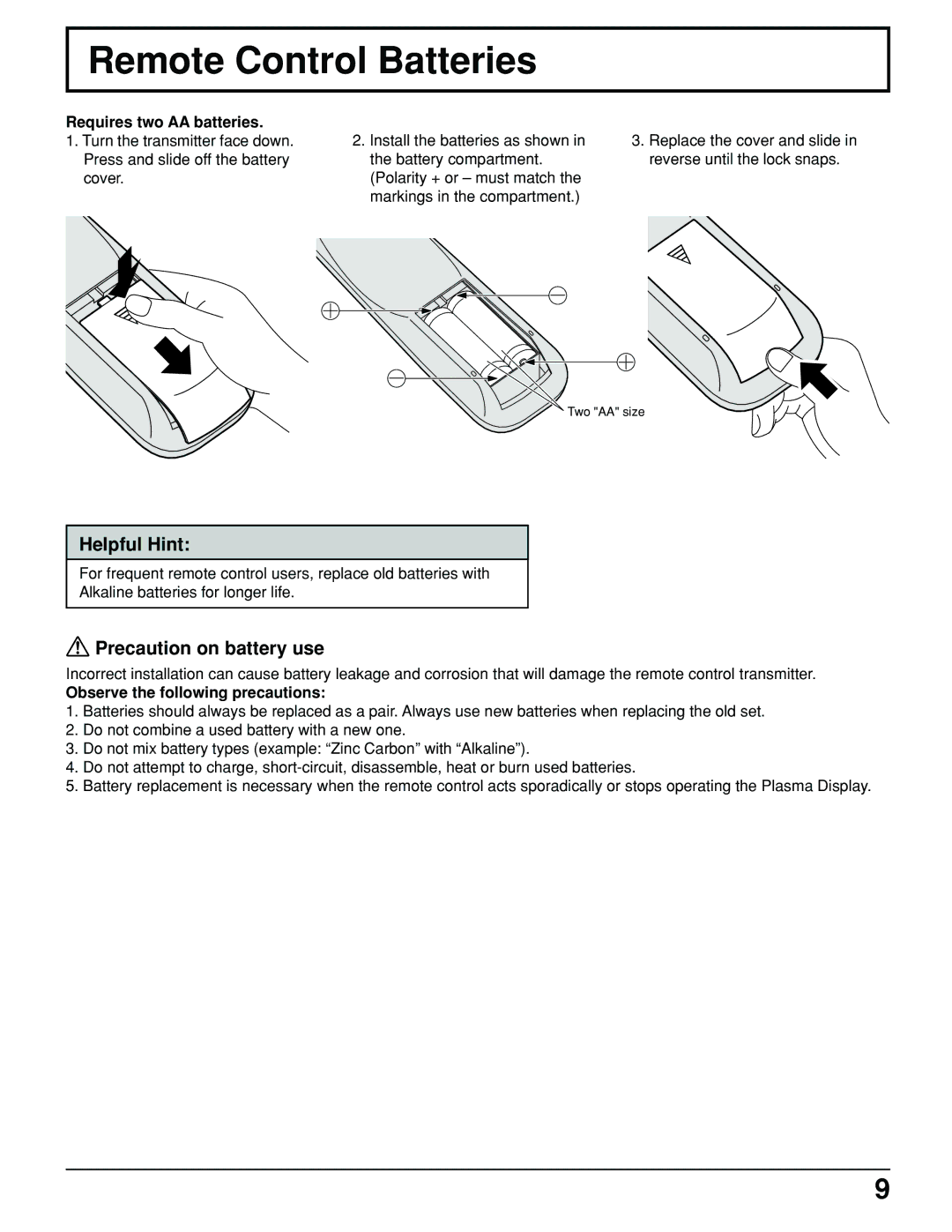 Panasonic TH-61PHW6 manual Remote Control Batteries, Helpful Hint, Precaution on battery use, Requires two AA batteries 