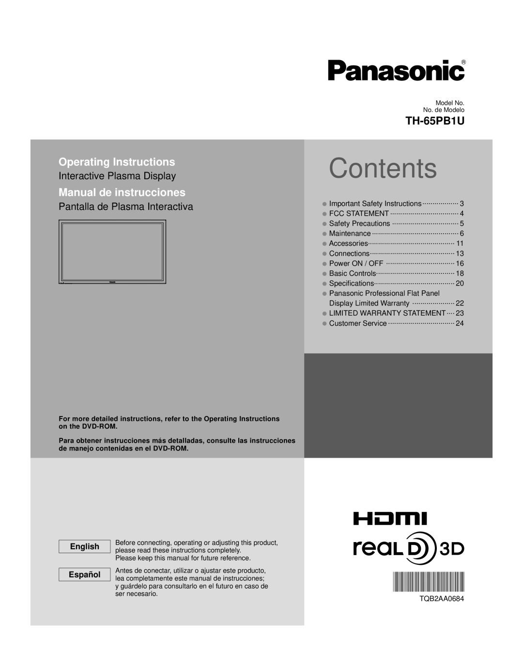 Panasonic TH-65PB1U important safety instructions Contents 