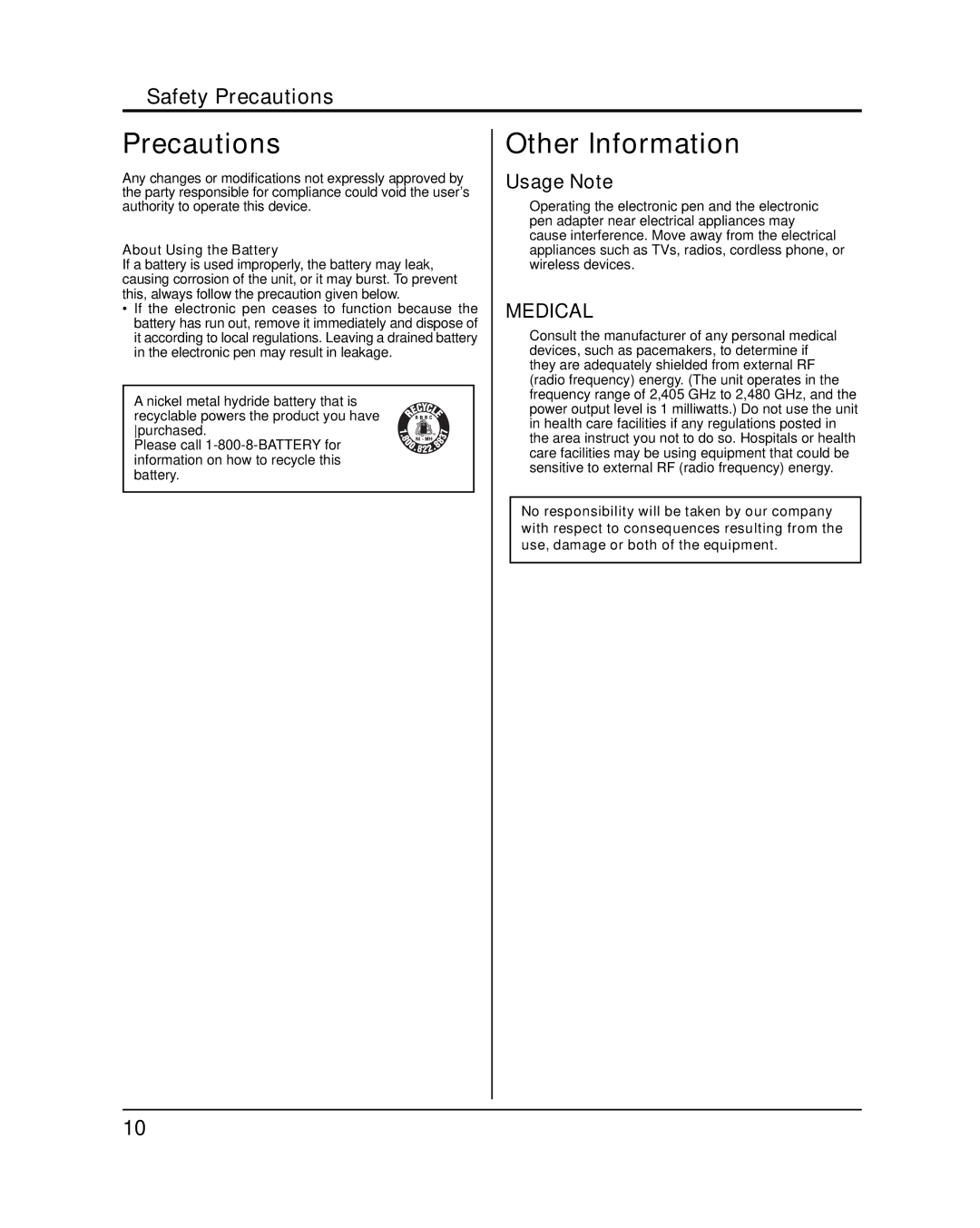 Panasonic TH-65PB1U important safety instructions Precautions, Other Information, About Using the Battery 