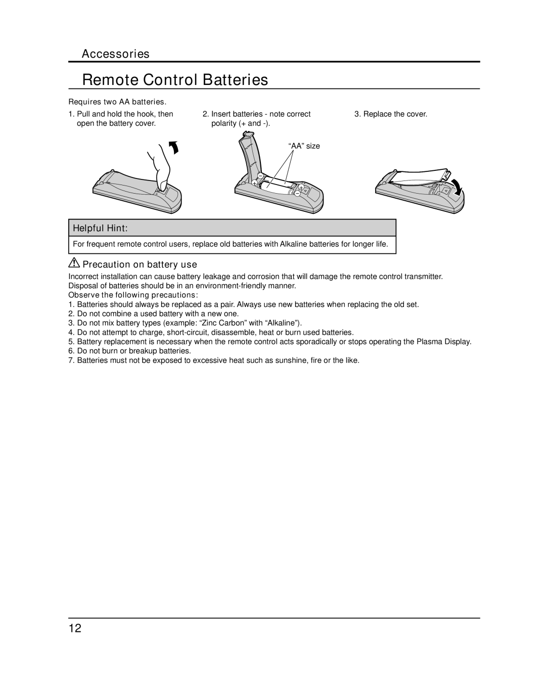 Panasonic TH-65PB1U Remote Control Batteries, Helpful Hint, Precaution on battery use, Requires two AA batteries 