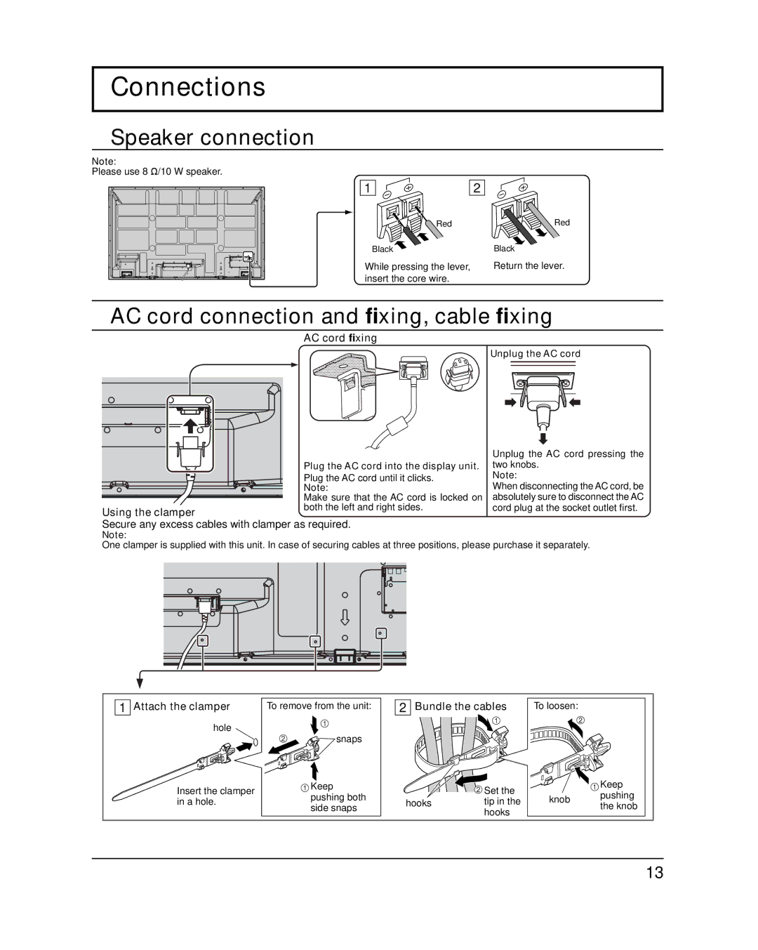 Panasonic TH-65PB1U Connections, Speaker connection, AC cord connection and ﬁxing, cable ﬁxing 