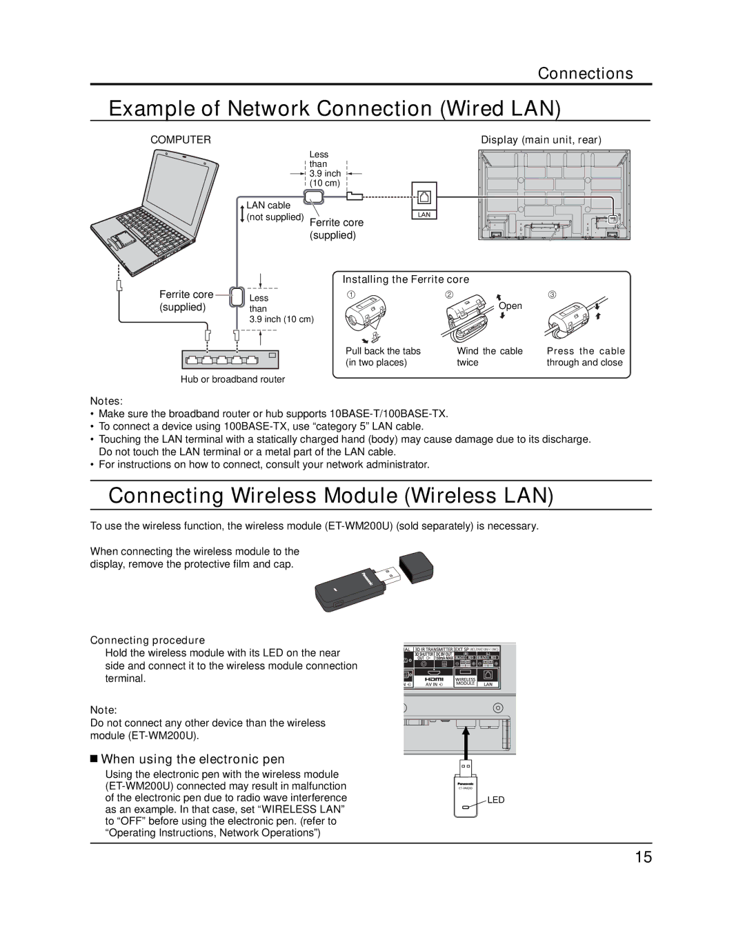 Panasonic TH-65PB1U Example of Network Connection Wired LAN, Connecting Wireless Module Wireless LAN, Connecting procedure 