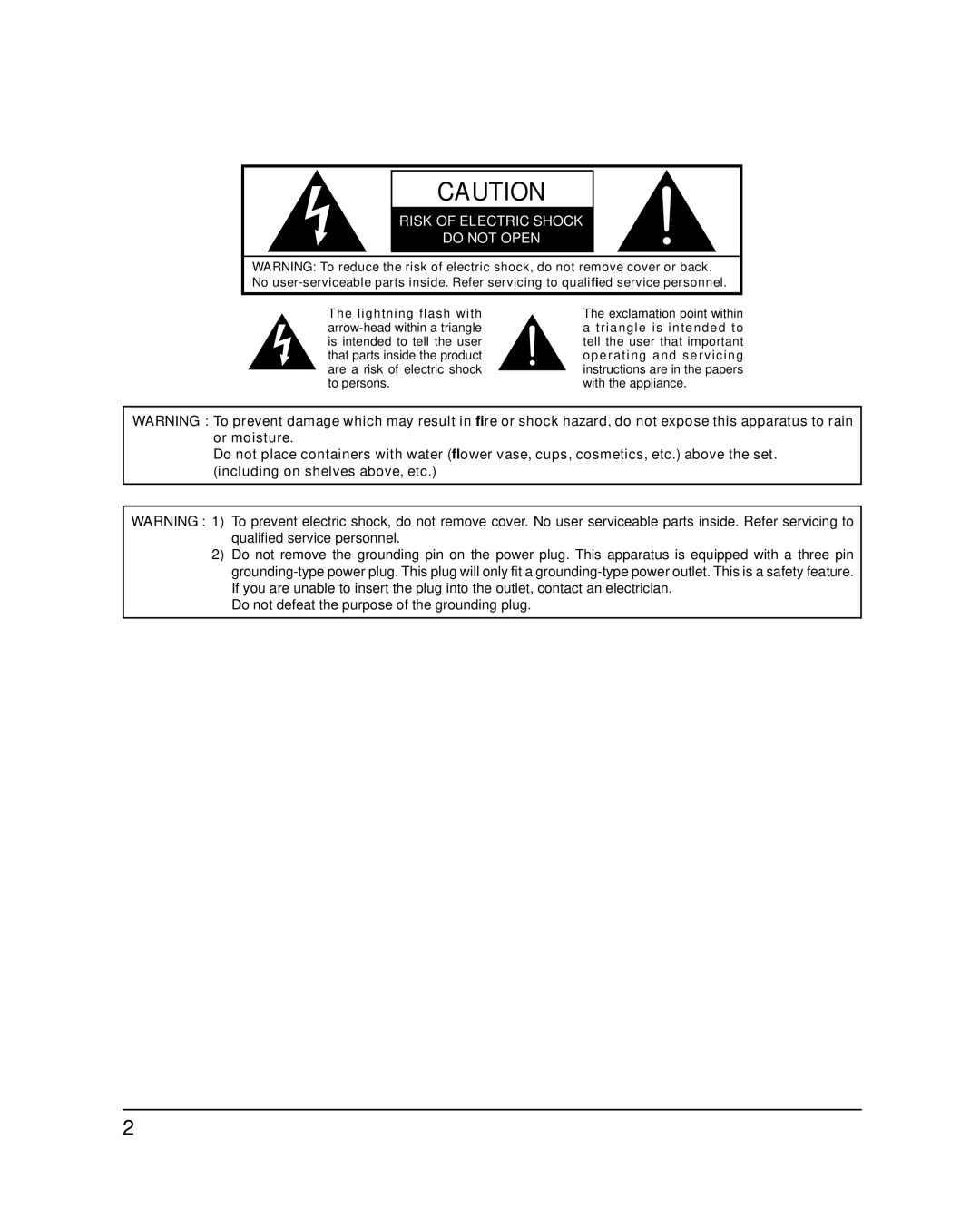 Panasonic TH-65PB1U important safety instructions Risk of Electric Shock Do not Open 