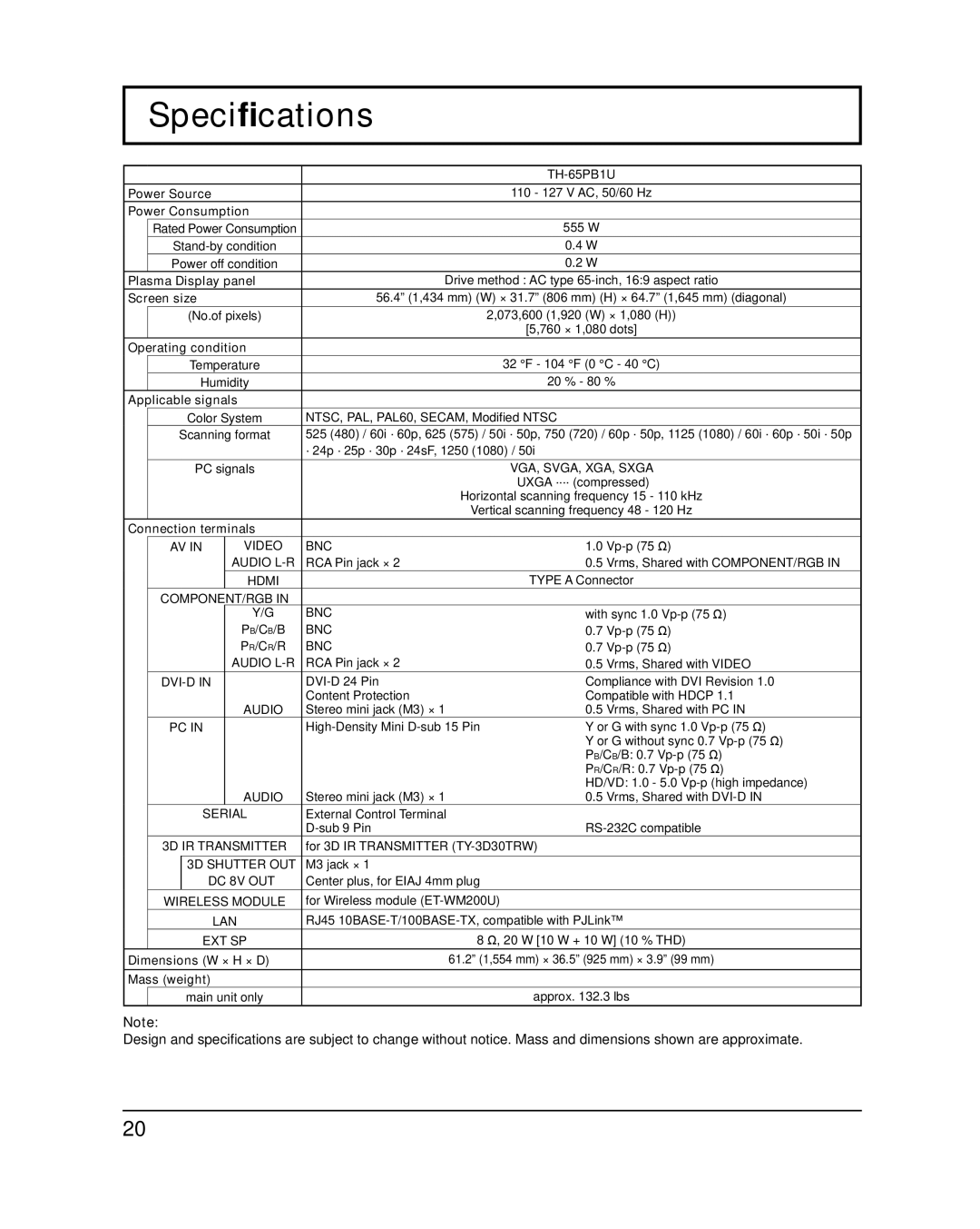 Panasonic TH-65PB1U important safety instructions Speciﬁcations 