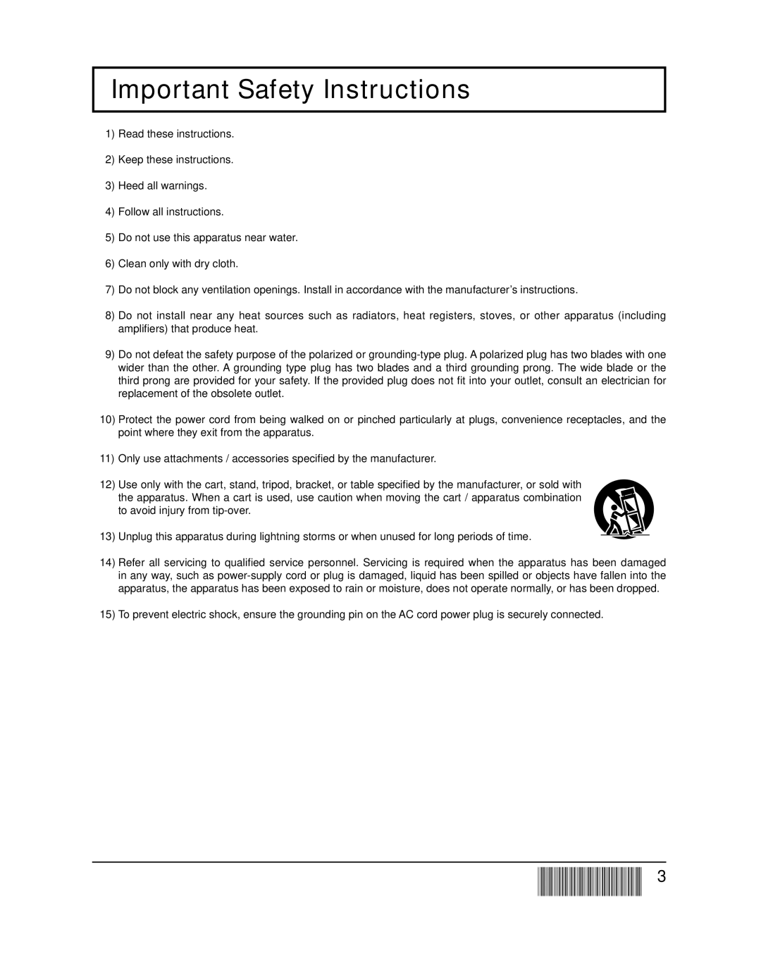 Panasonic TH-65PB1U important safety instructions Important Safety Instructions 