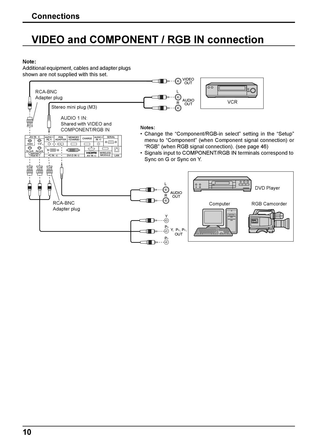 Panasonic TH-65PB2W, TH-50PB2W operating instructions Video and Component / RGB in connection 