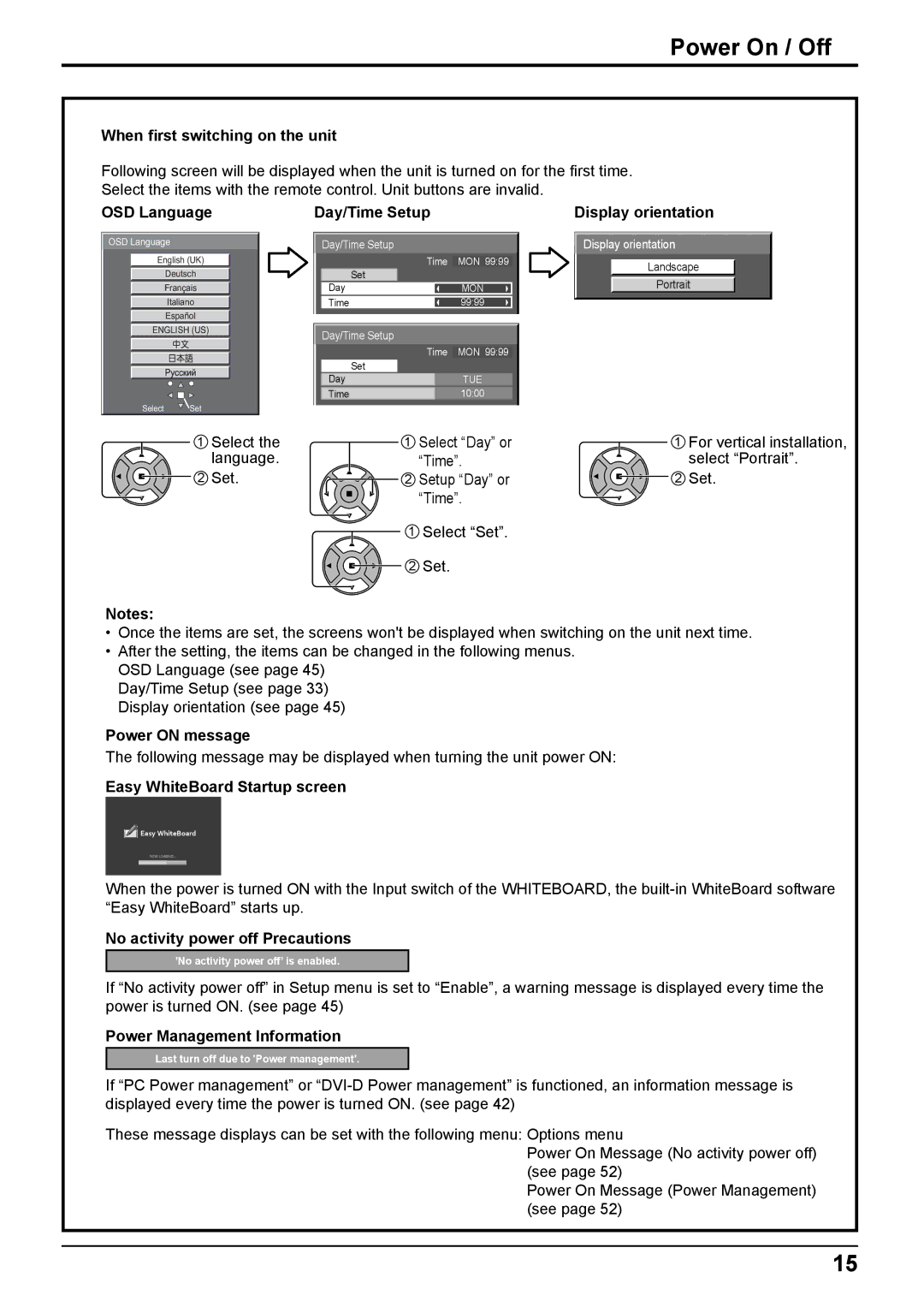 Panasonic TH-50PB2W, TH-65PB2W operating instructions Power On / Off 