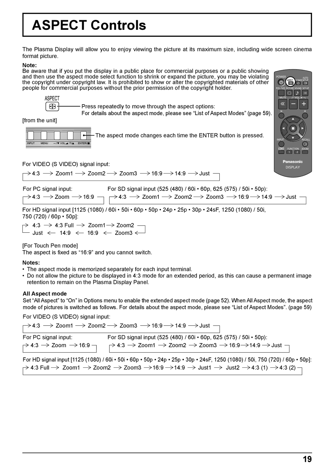 Panasonic TH-50PB2W, TH-65PB2W operating instructions Aspect Controls, All Aspect mode 