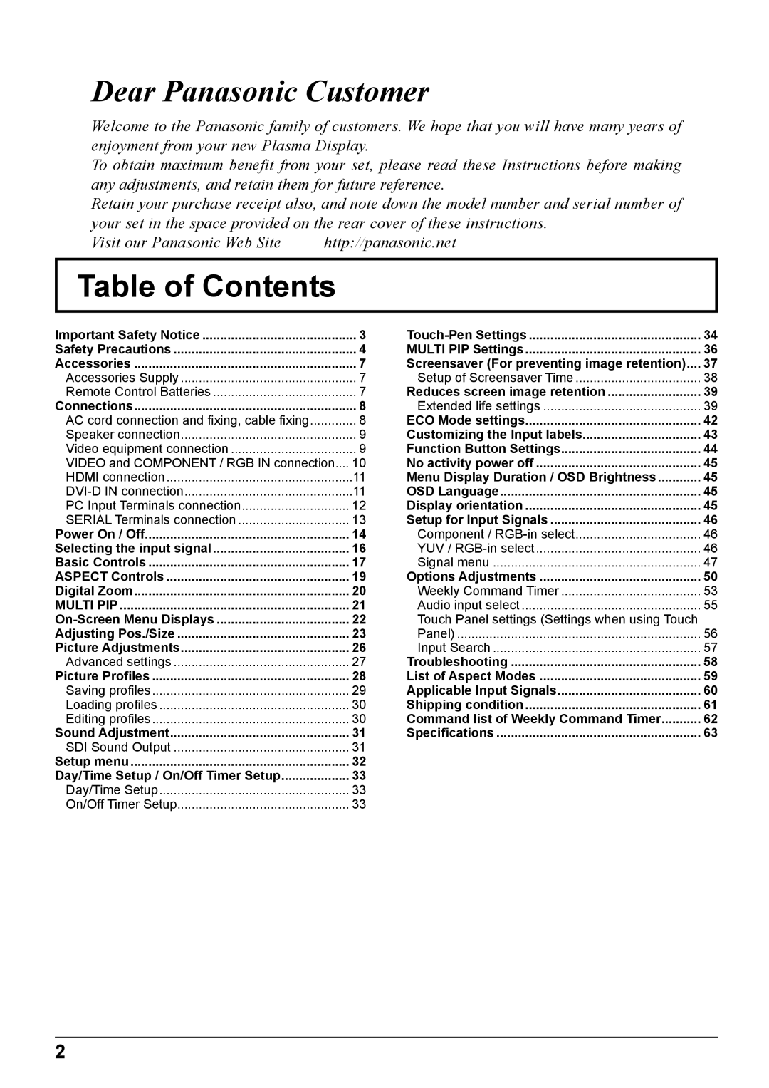 Panasonic TH-65PB2W, TH-50PB2W operating instructions Table of Contents 