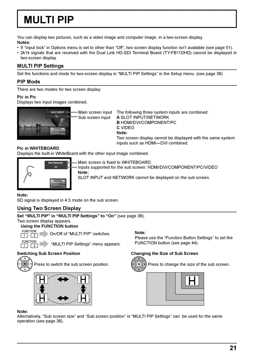 Panasonic TH-50PB2W, TH-65PB2W operating instructions Multi PIP Settings, PIP Mode, Using Two Screen Display 