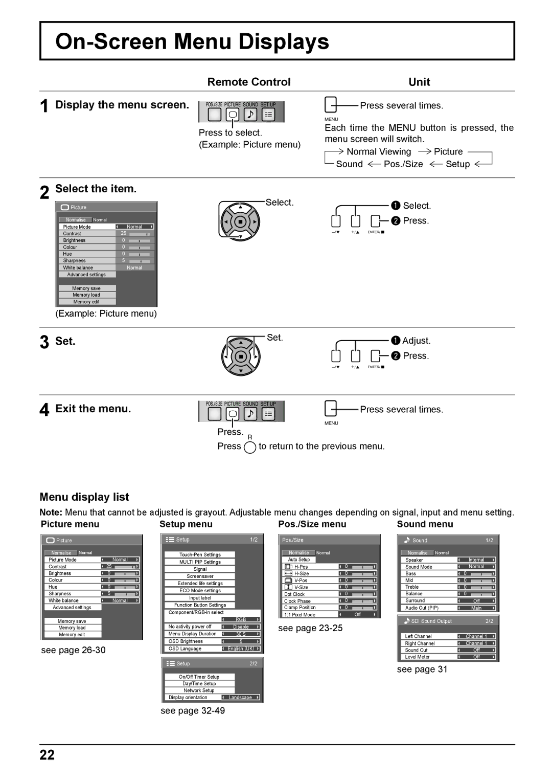 Panasonic TH-65PB2W, TH-50PB2W operating instructions On-Screen Menu Displays 