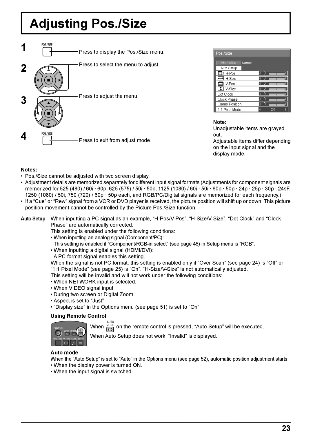 Panasonic TH-50PB2W, TH-65PB2W operating instructions Adjusting Pos./Size, Using Remote Control, Auto mode 