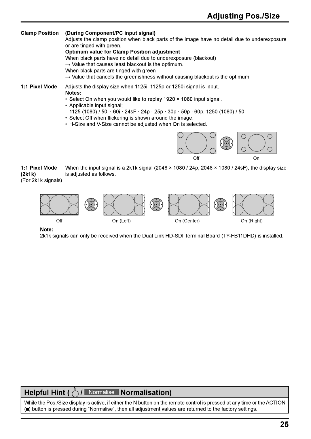 Panasonic TH-50PB2W Clamp Position During Component/PC input signal, Optimum value for Clamp Position adjustment, 2k1k 