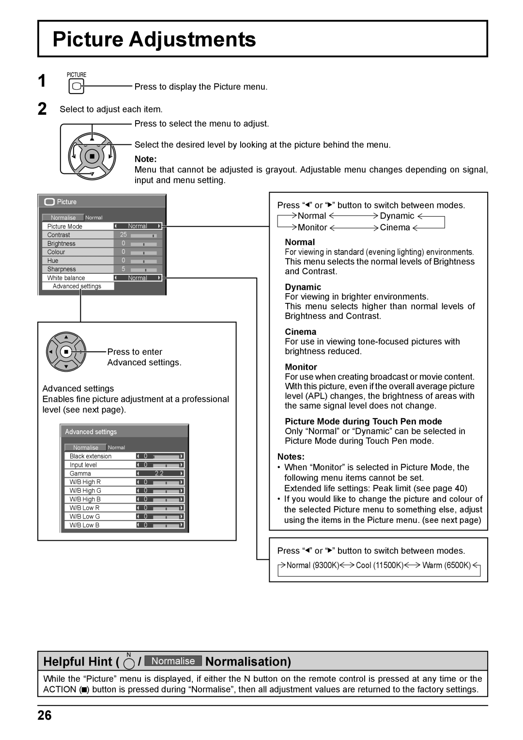 Panasonic TH-65PB2W, TH-50PB2W operating instructions Picture Adjustments 